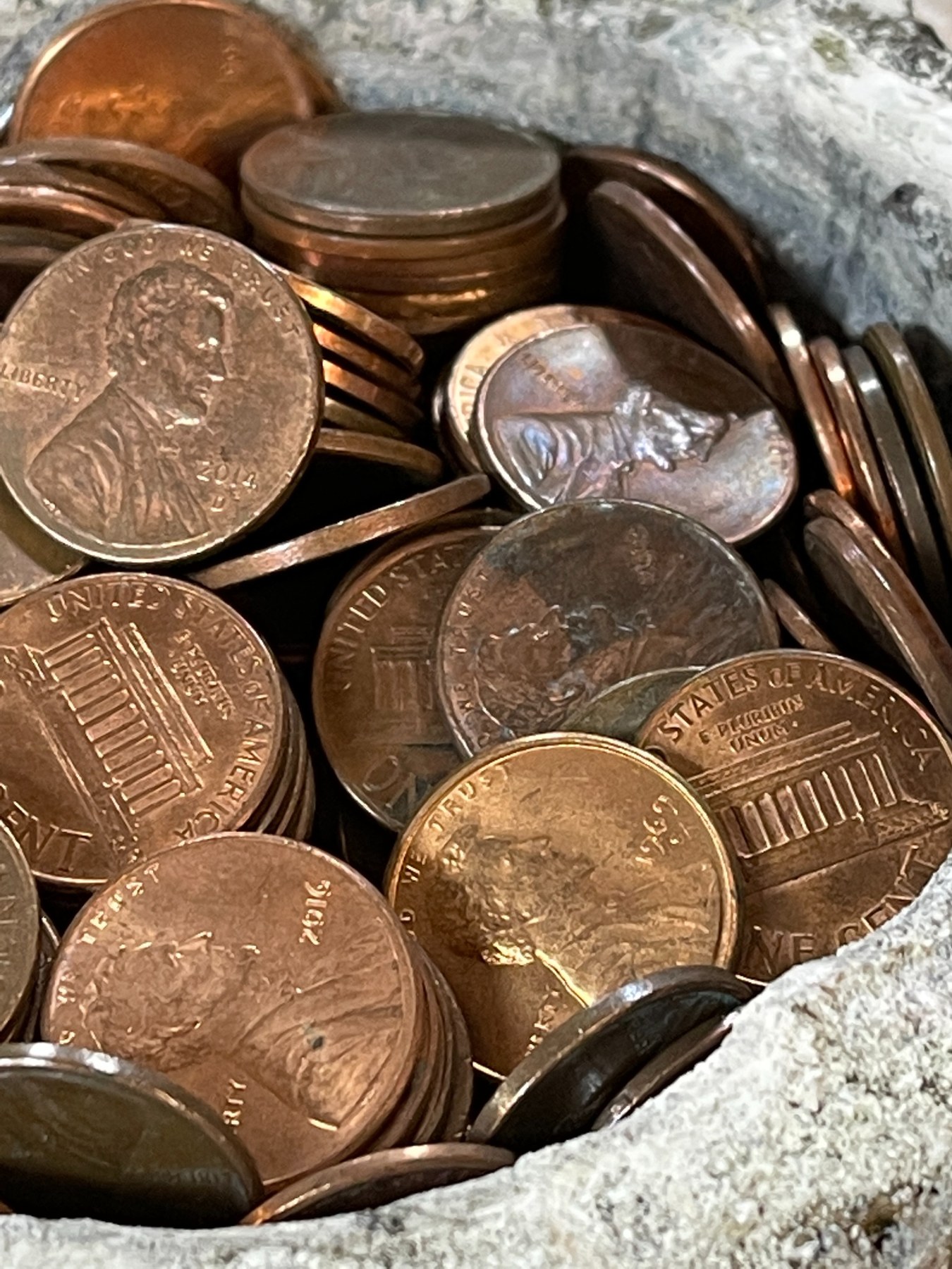 Close-up of copper pennies