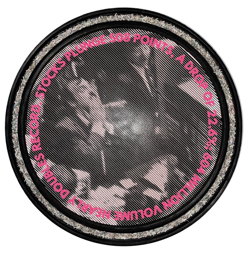 Circular RYR artwork with pink lettering and a record motif
